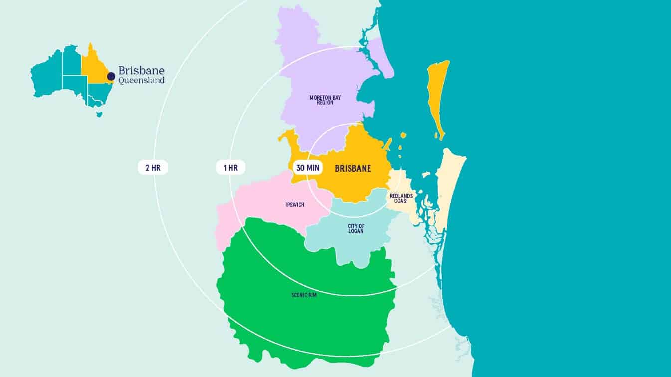 Brisbane Region map with drive times