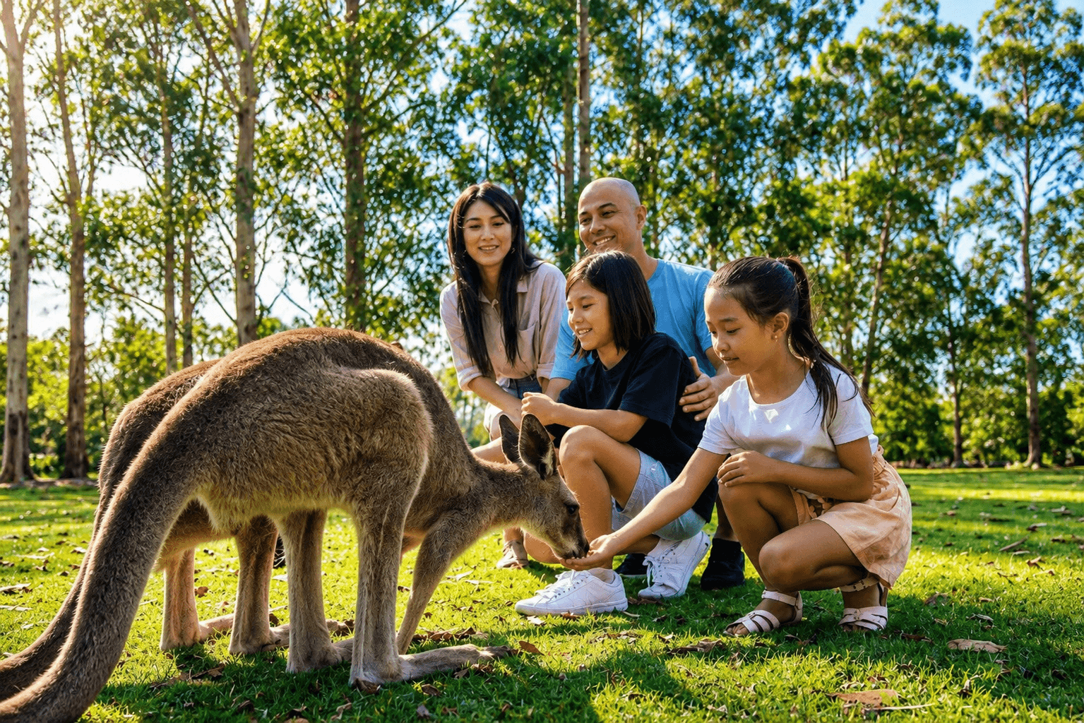 A family feed a kangaroo at Lone Pine Koala Sanctuary