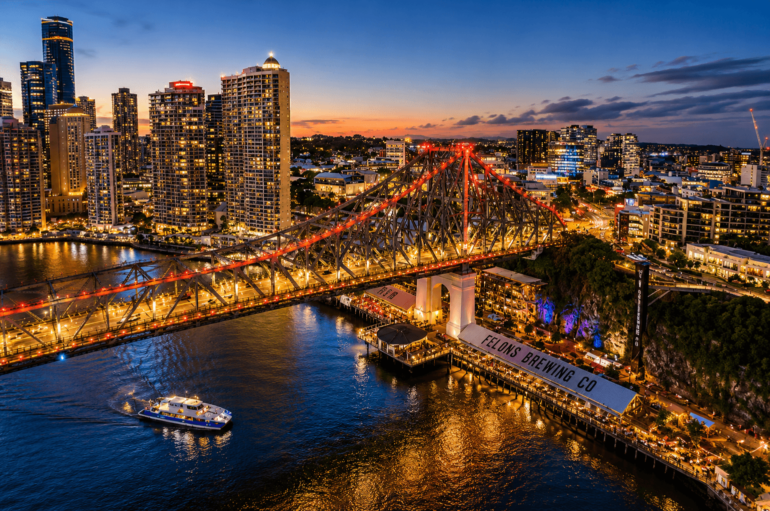Aerial of Felons Brewing Co and Story Bridge